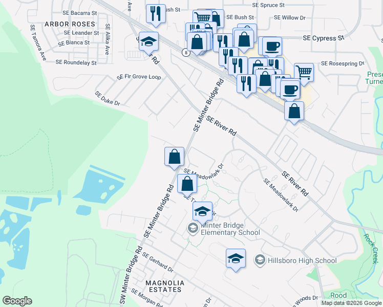 map of restaurants, bars, coffee shops, grocery stores, and more near 2229 Southeast Minter Bridge Road in Hillsboro