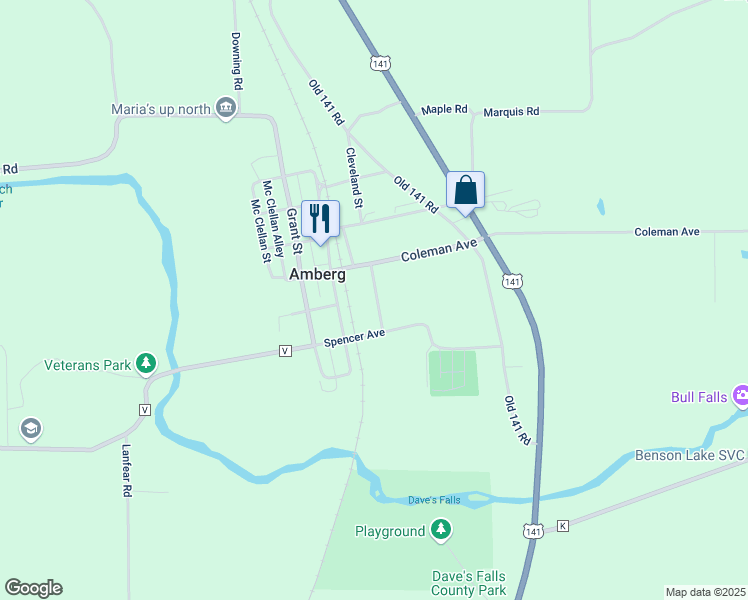 map of restaurants, bars, coffee shops, grocery stores, and more near W7985 Coleman Road in Amberg