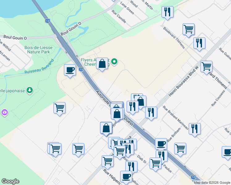 map of restaurants, bars, coffee shops, grocery stores, and more near 3435 Boulevard Pitfield in Montréal