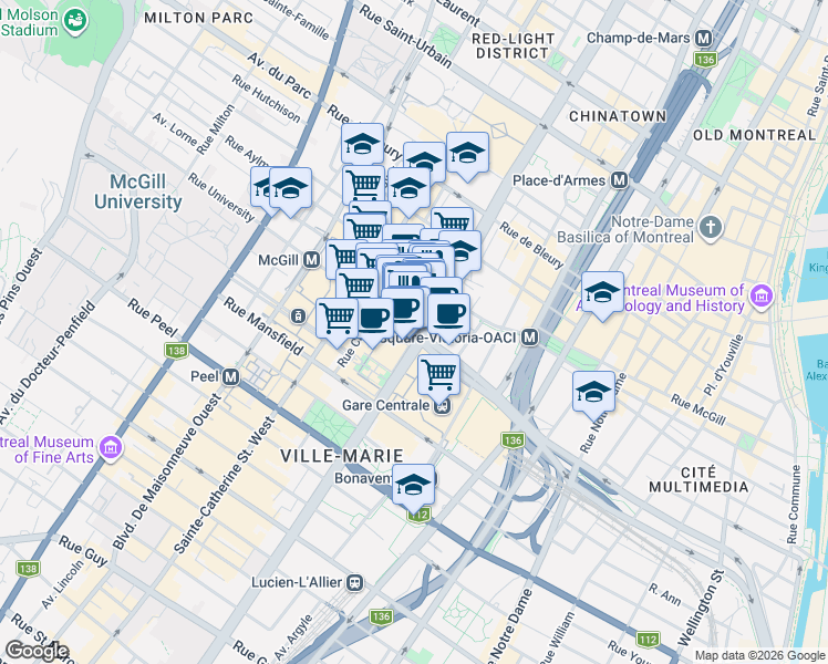 map of restaurants, bars, coffee shops, grocery stores, and more near 1225 Boulevard Robert-Bourassa in Montréal