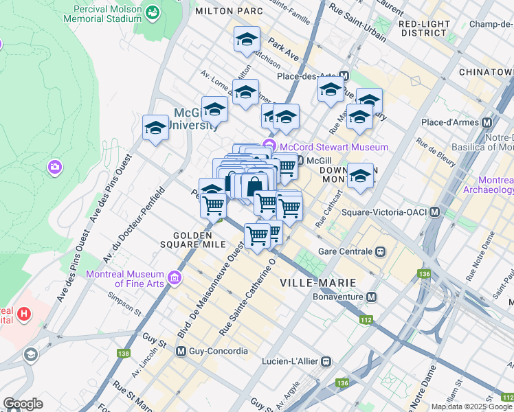 map of restaurants, bars, coffee shops, grocery stores, and more near in Montreal