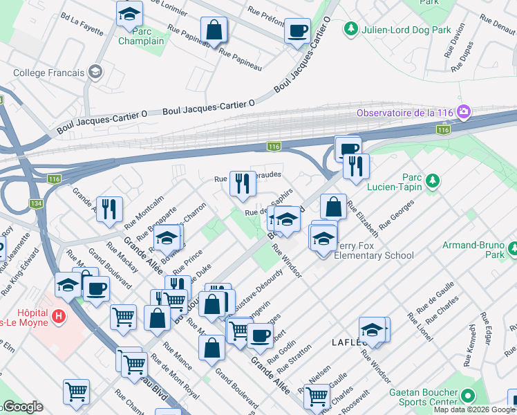map of restaurants, bars, coffee shops, grocery stores, and more near 1691 Rue des Saphirs in Longueuil