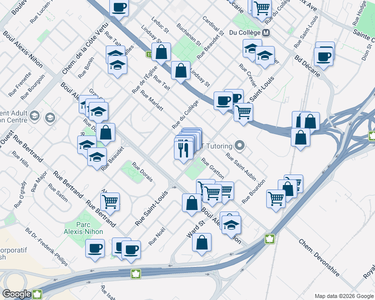 map of restaurants, bars, coffee shops, grocery stores, and more near 450 Rue Gratton in Montréal