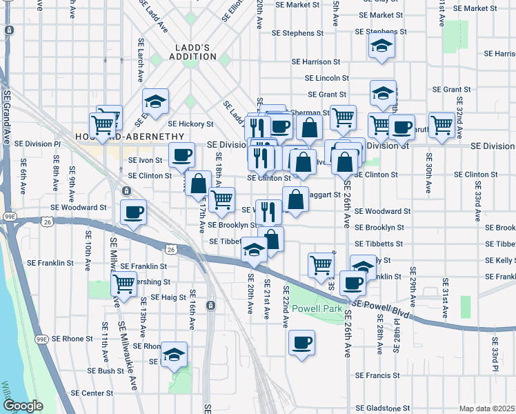 map of restaurants, bars, coffee shops, grocery stores, and more near 2806 Southeast 21st Avenue in Portland