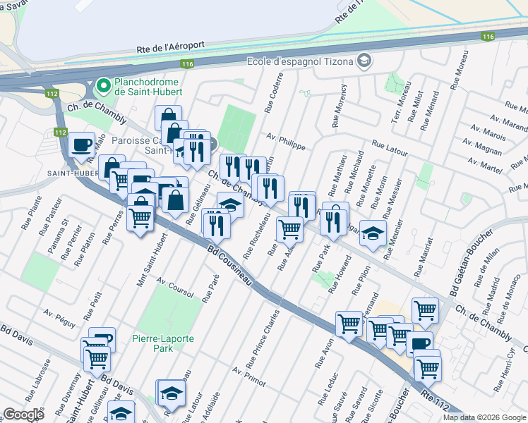 map of restaurants, bars, coffee shops, grocery stores, and more near 5503 Chemin de Chambly in Longueuil