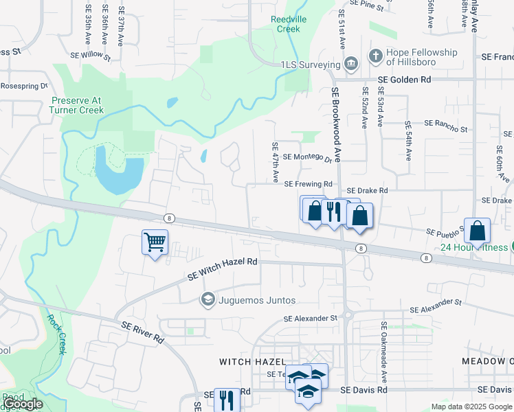 map of restaurants, bars, coffee shops, grocery stores, and more near 2370 Southeast 45th Avenue in Hillsboro