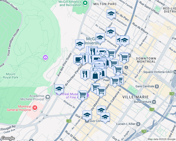 map of restaurants, bars, coffee shops, grocery stores, and more near 3465 Rue Stanley in Montréal