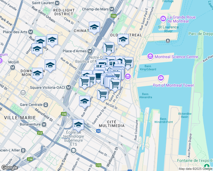 map of restaurants, bars, coffee shops, grocery stores, and more near 315 Rue du Saint-Sacrement in Montréal