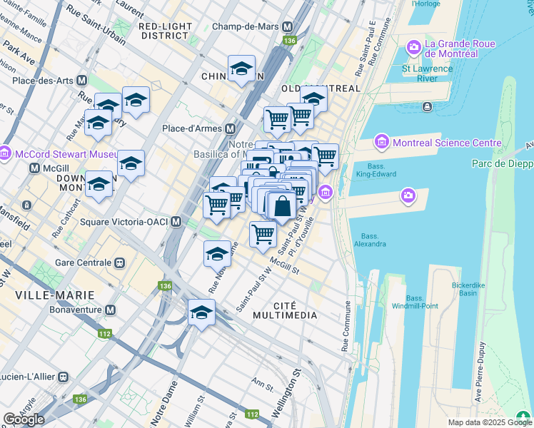 map of restaurants, bars, coffee shops, grocery stores, and more near in Montreal