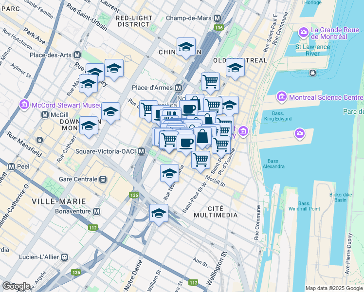 map of restaurants, bars, coffee shops, grocery stores, and more near 360 Saint Jacques Street in Montreal