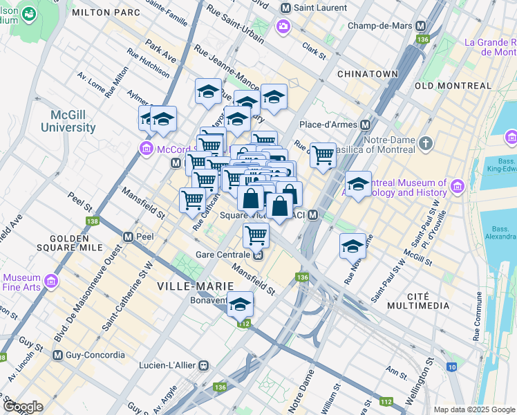 map of restaurants, bars, coffee shops, grocery stores, and more near in Montreal