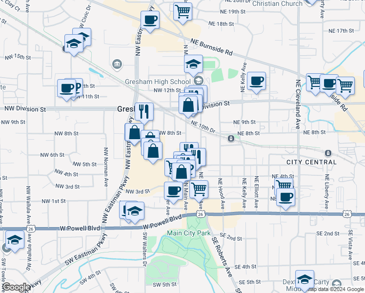 map of restaurants, bars, coffee shops, grocery stores, and more near 701 North Main Avenue in Gresham