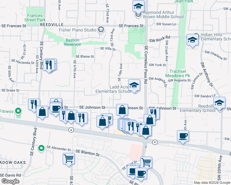 map of restaurants, bars, coffee shops, grocery stores, and more near 2232 Southeast 73rd Avenue in Hillsboro