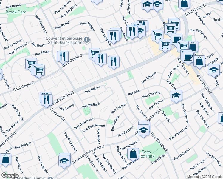 map of restaurants, bars, coffee shops, grocery stores, and more near 12616 Rue Bedford in Montreal