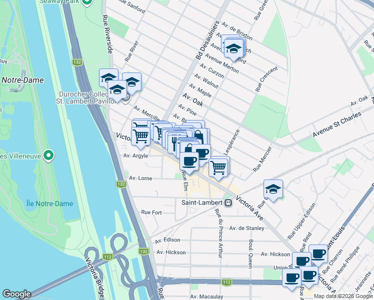 map of restaurants, bars, coffee shops, grocery stores, and more near Avenue Notre-Dame in Saint-Lambert