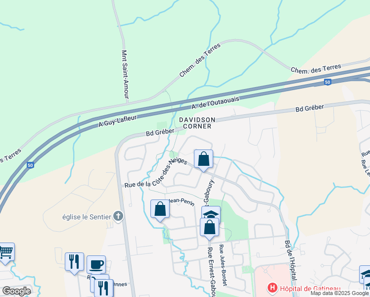 map of restaurants, bars, coffee shops, grocery stores, and more near 168 Rue Louis Colin in Gatineau