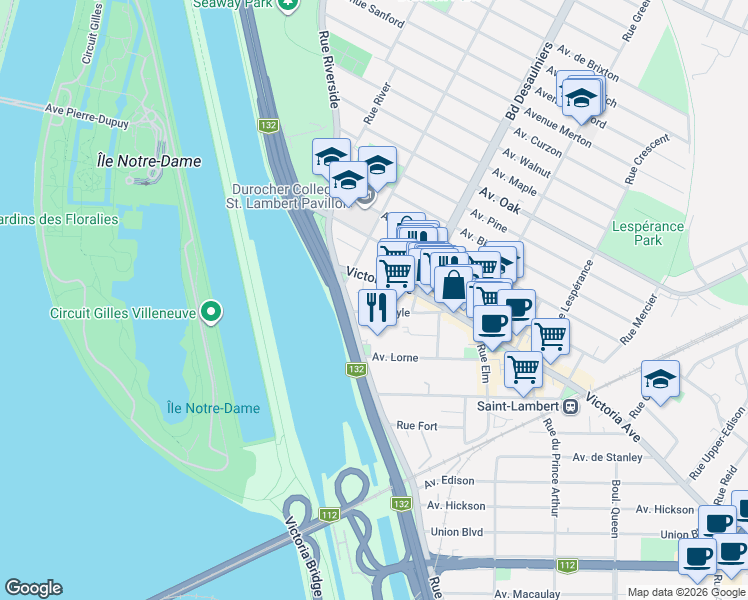 map of restaurants, bars, coffee shops, grocery stores, and more near 6 Avenue Argyle in Saint-Lambert