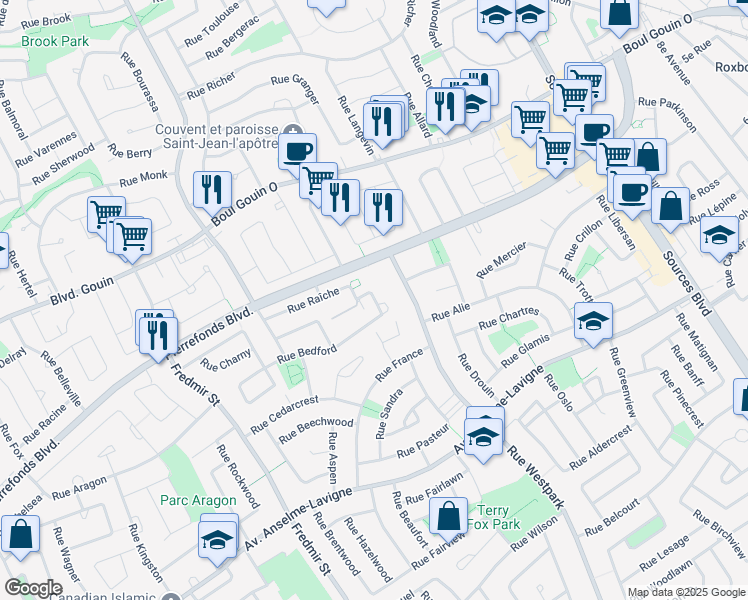 map of restaurants, bars, coffee shops, grocery stores, and more near 12595 Bedford Street in Montreal