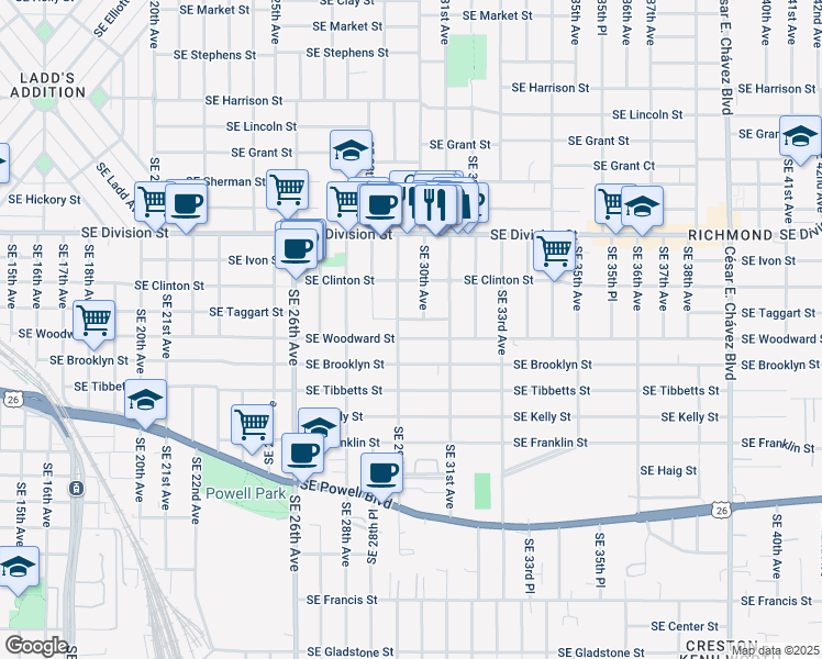 map of restaurants, bars, coffee shops, grocery stores, and more near 2907 Southeast Taggart Street in Portland