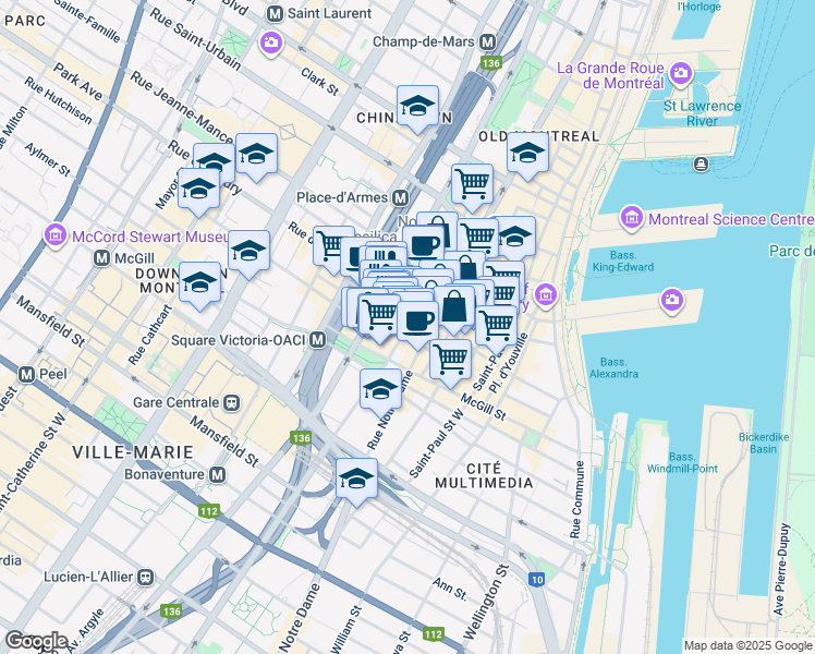 map of restaurants, bars, coffee shops, grocery stores, and more near 363 Rue Saint-Jacques in Montréal