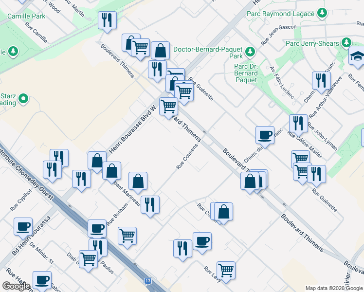 map of restaurants, bars, coffee shops, grocery stores, and more near 4455 Rue Cousens in Montréal