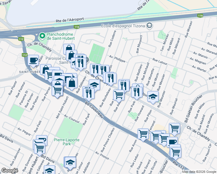 map of restaurants, bars, coffee shops, grocery stores, and more near 5503 Chemin de Chambly in Longueuil