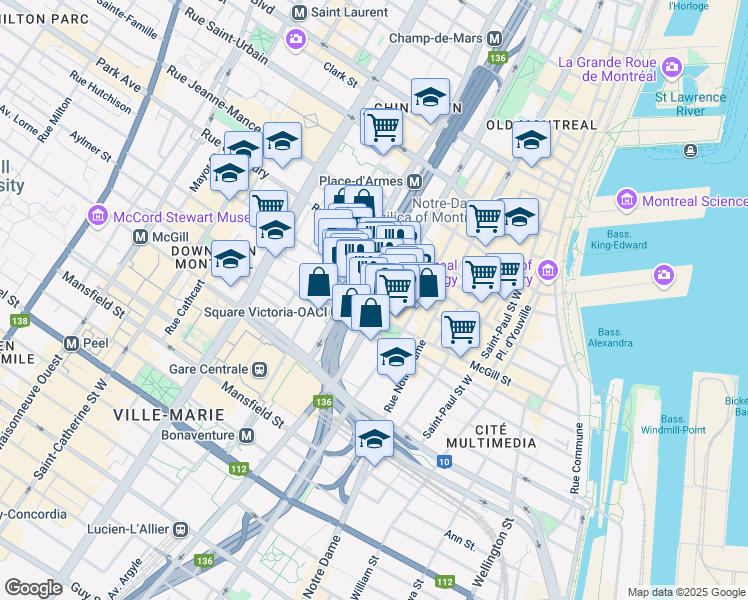 map of restaurants, bars, coffee shops, grocery stores, and more near 1000 Place Jean-Paul-Riopelle in Montréal