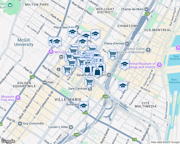map of restaurants, bars, coffee shops, grocery stores, and more near in Montreal