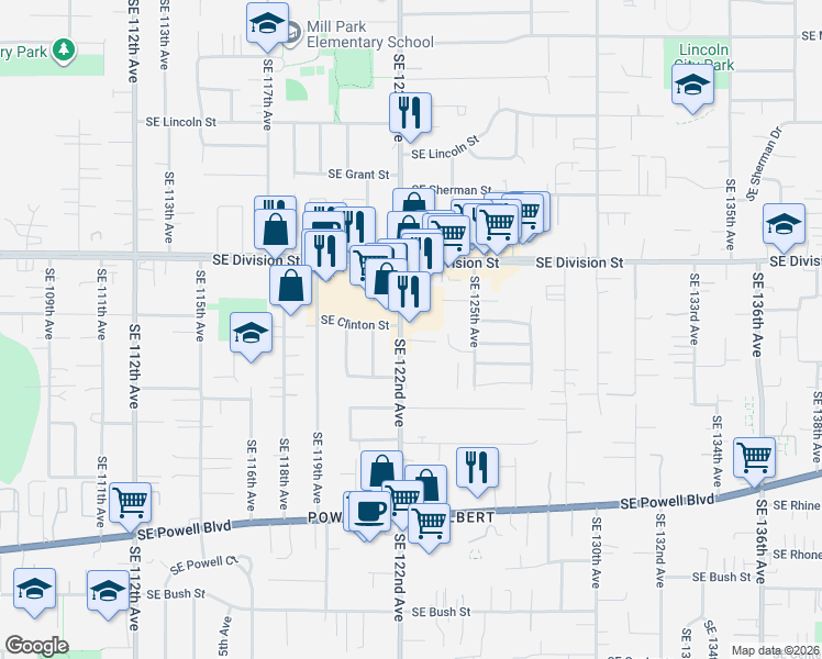 map of restaurants, bars, coffee shops, grocery stores, and more near 2706 Southeast 122nd Avenue in Portland
