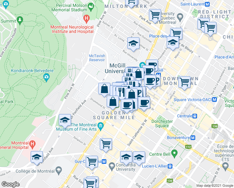 map of restaurants, bars, coffee shops, grocery stores, and more near Rue Peel in Montréal
