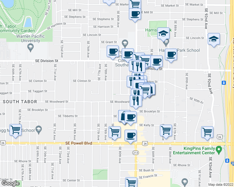 map of restaurants, bars, coffee shops, grocery stores, and more near 7919 Southeast Taggart Street in Portland