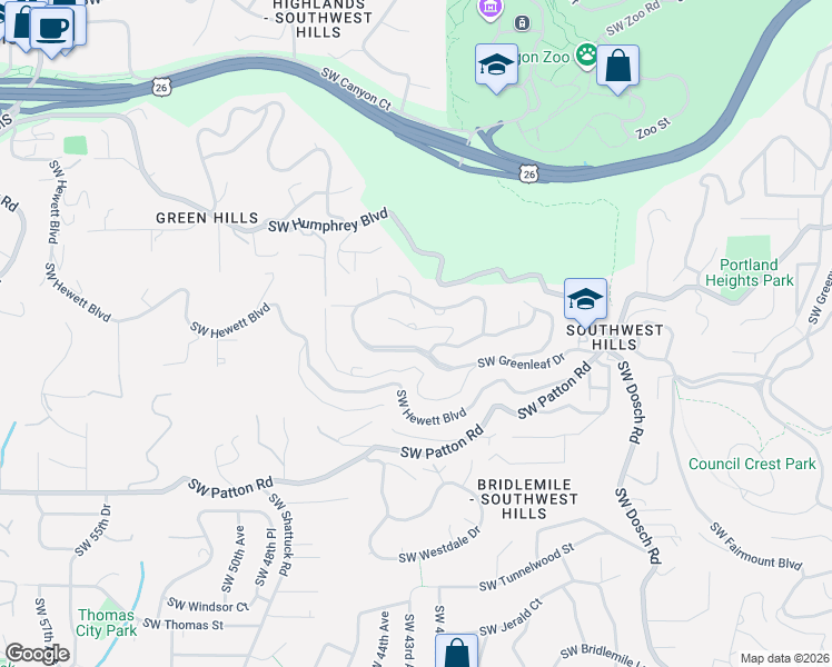 map of restaurants, bars, coffee shops, grocery stores, and more near 4237 Southwest Arthur Way in Portland