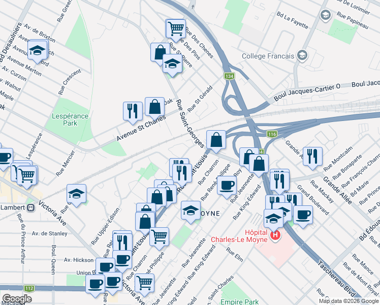 map of restaurants, bars, coffee shops, grocery stores, and more near 457 Rue Upper Edison in Saint-Lambert