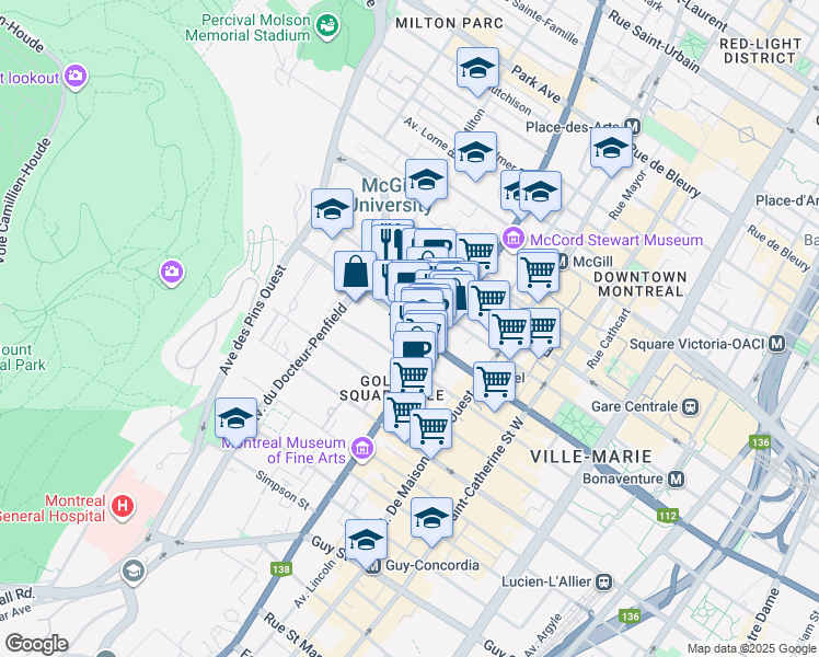 map of restaurants, bars, coffee shops, grocery stores, and more near 3430 Rue Peel in Montréal