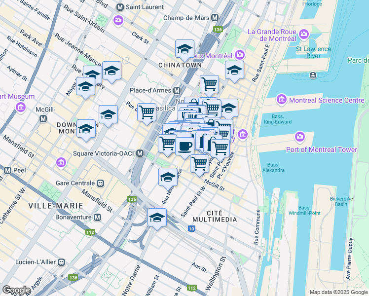 map of restaurants, bars, coffee shops, grocery stores, and more near 202 Rue Saint-Jean in Montréal