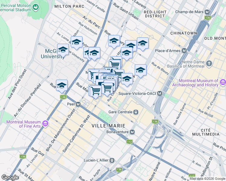 map of restaurants, bars, coffee shops, grocery stores, and more near 733 Rue Cathcart in Montréal