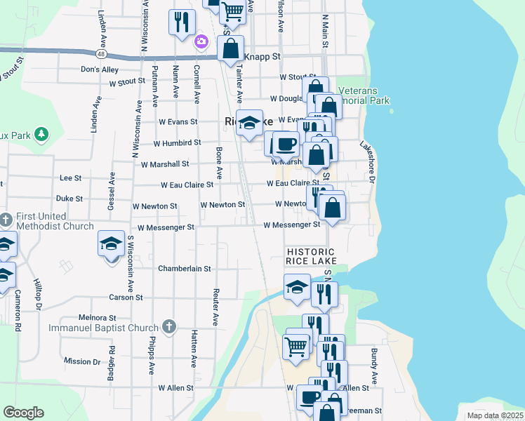 map of restaurants, bars, coffee shops, grocery stores, and more near 112 West Newton Street in Rice Lake