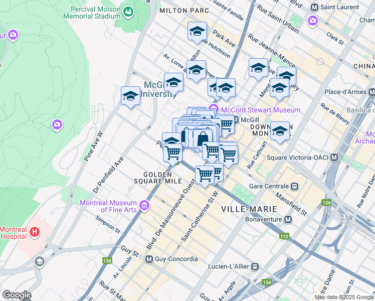 map of restaurants, bars, coffee shops, grocery stores, and more near in Montreal