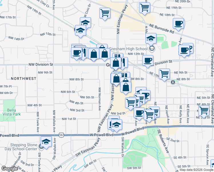 map of restaurants, bars, coffee shops, grocery stores, and more near 500 Northwest Division Street in Gresham