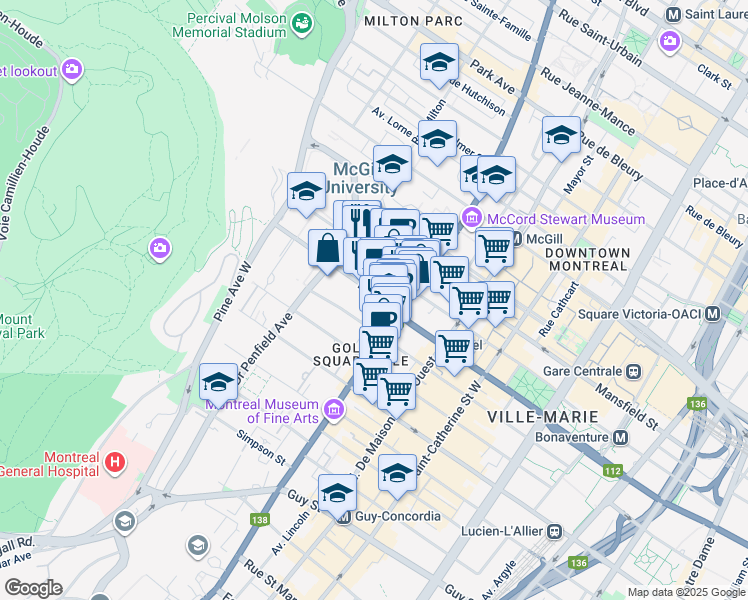 map of restaurants, bars, coffee shops, grocery stores, and more near 3430 Rue Peel in Montréal