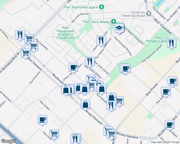 map of restaurants, bars, coffee shops, grocery stores, and more near 3882 Rue Céline-Marier in Montréal