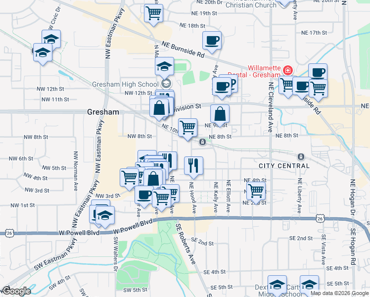 map of restaurants, bars, coffee shops, grocery stores, and more near 715 Northeast Hood Avenue in Gresham