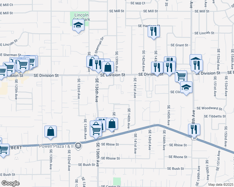 map of restaurants, bars, coffee shops, grocery stores, and more near 2706 Southeast 138th Avenue in Portland