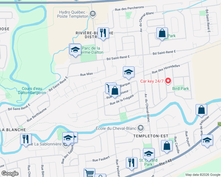map of restaurants, bars, coffee shops, grocery stores, and more near 180 Rue de la Barque in Gatineau
