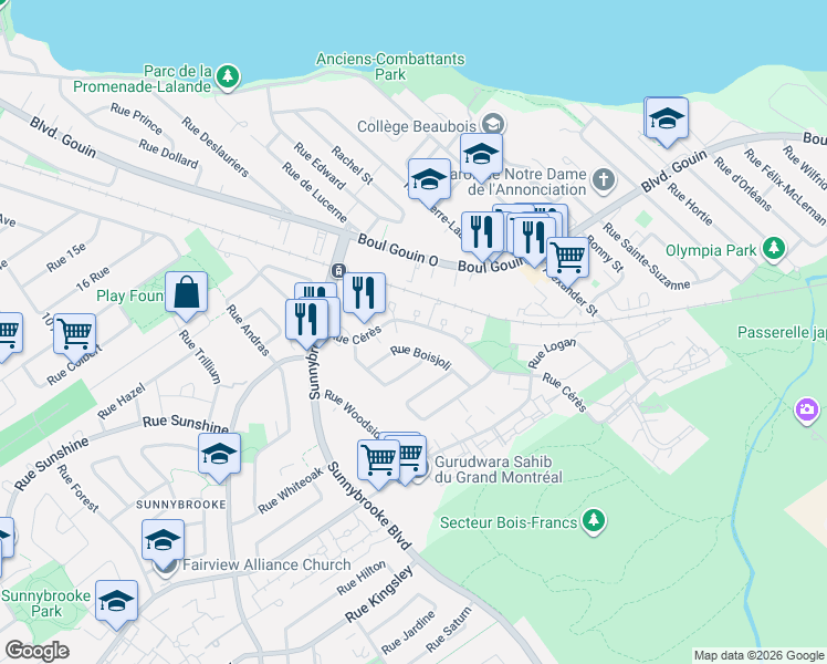 map of restaurants, bars, coffee shops, grocery stores, and more near 9420 Rue Cérès in Montréal