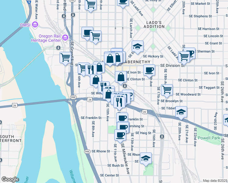 map of restaurants, bars, coffee shops, grocery stores, and more near 1110 Southeast Woodward Street in Portland