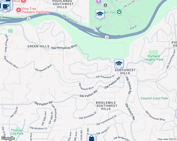 map of restaurants, bars, coffee shops, grocery stores, and more near 4100 Southwest Arthur Way in Portland