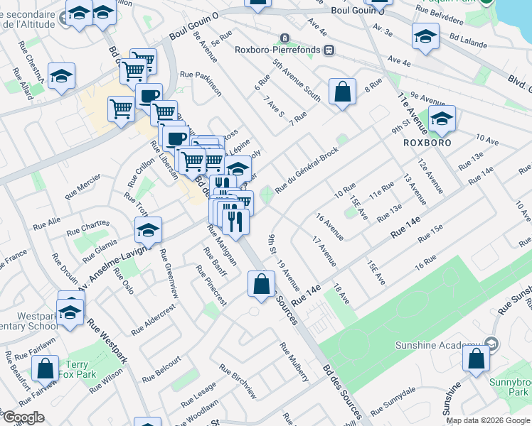map of restaurants, bars, coffee shops, grocery stores, and more near 109 Rue du Général-Brock in Montréal