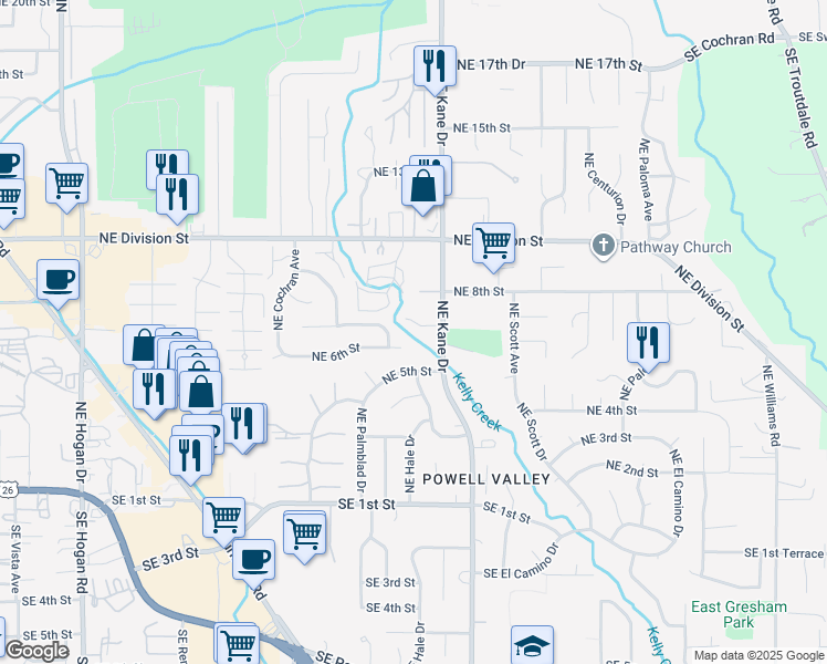 map of restaurants, bars, coffee shops, grocery stores, and more near 3115 Northeast 7th Court in Gresham