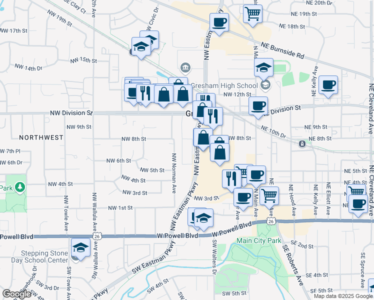 map of restaurants, bars, coffee shops, grocery stores, and more near 740 Northwest Norman Avenue in Gresham